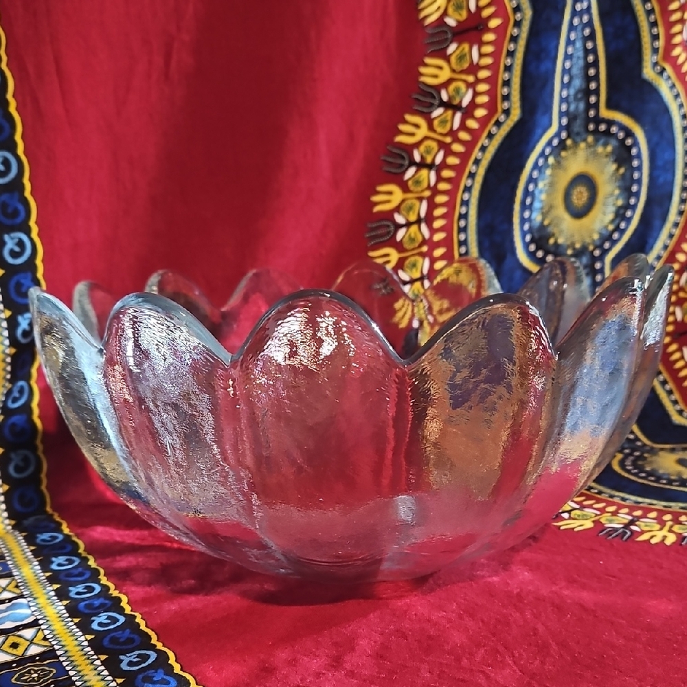 Blenko Glass #6143L Crystal "Ice" Glass 14- Petal Lotus Bowl, by Wayne Husted